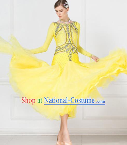 Professional Modern Dance Waltz Competition Diamante Yellow Dress International Ballroom Dance Costume for Women