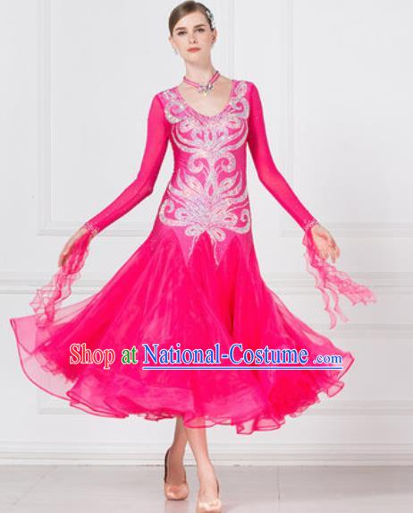 Professional Modern Dance Waltz Rosy Veil Dress International Ballroom Dance Competition Costume for Women