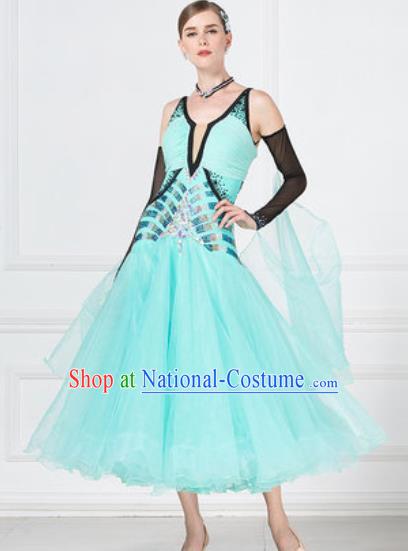 Professional Modern Dance Waltz Light Blue Veil Dress International Ballroom Dance Competition Costume for Women