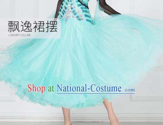 Professional Modern Dance Waltz Light Blue Veil Dress International Ballroom Dance Competition Costume for Women