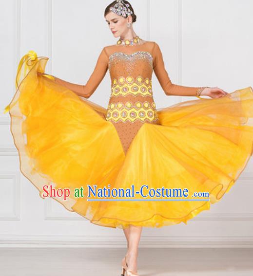 Professional Modern Dance Waltz Yellow Veil Dress International Ballroom Dance Competition Costume for Women