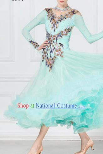 Professional Modern Dance Waltz Light Green Veil Dress International Ballroom Dance Competition Costume for Women