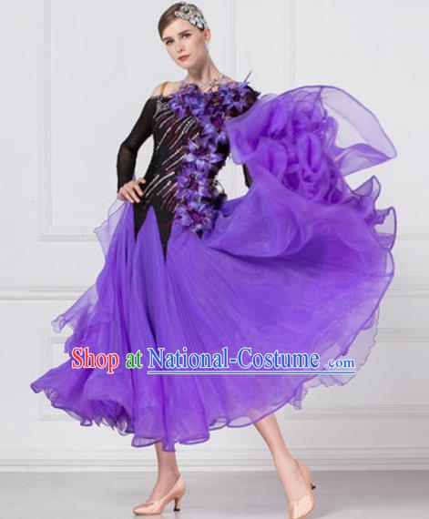 Professional Modern Dance Waltz Purple Veil Dress International Ballroom Dance Competition Costume for Women