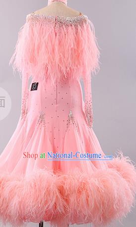 Professional Modern Dance Waltz Pink Feather Dress International Ballroom Dance Competition Costume for Women