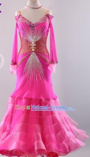 Professional Modern Dance Waltz Rosy Dress International Ballroom Dance Competition Costume for Women