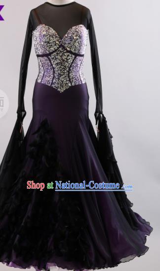 Professional Modern Dance Waltz Dark Purple Dress International Ballroom Dance Competition Costume for Women