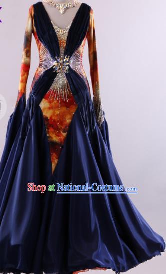 Professional Modern Dance Waltz Navy Dress International Ballroom Dance Competition Costume for Women