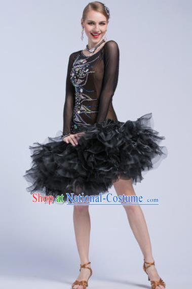 Top Latin Dance Competition Black Veil Short Dress Modern Dance International Rumba Dance Costume for Women