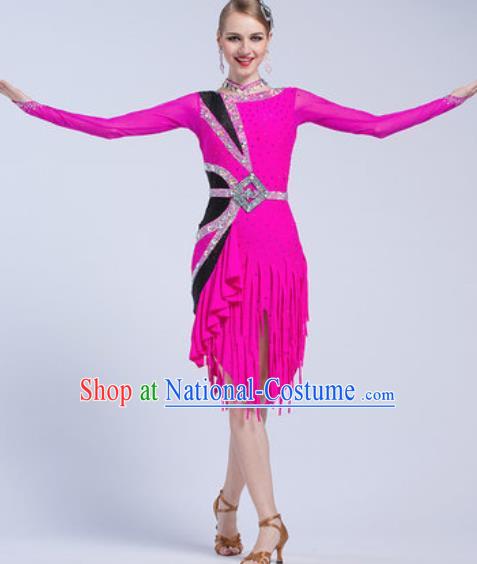 Top Latin Dance Competition Rosy Tassel Short Dress Modern Dance International Rumba Dance Costume for Women