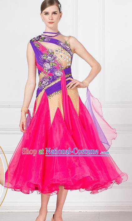 Professional Modern Dance Waltz Competition Rosy Veil Dress International Ballroom Dance Costume for Women