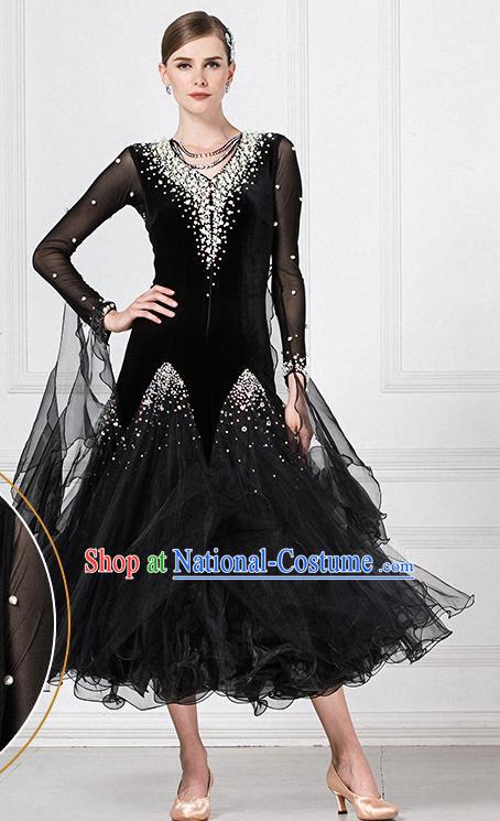 Professional Modern Dance Waltz Competition Black Dress International Ballroom Dance Costume for Women