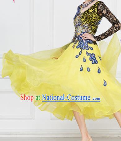 Professional Modern Dance Waltz Yellow Dress International Ballroom Dance Competition Costume for Women