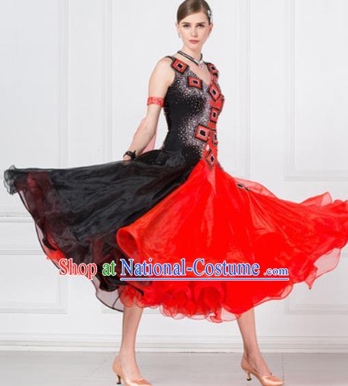 Professional Ballroom Dance Waltz Red Paillette Dress International Modern Dance Competition Costume for Women