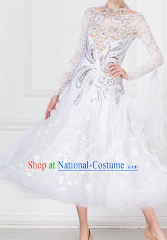 Professional Modern Dance Waltz White Lace Dress International Ballroom Dance Competition Costume for Women