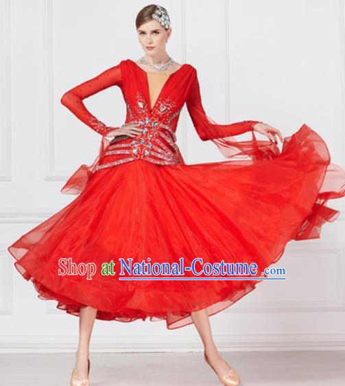 Professional Modern Dance Waltz Red Dress International Ballroom Dance Competition Costume for Women