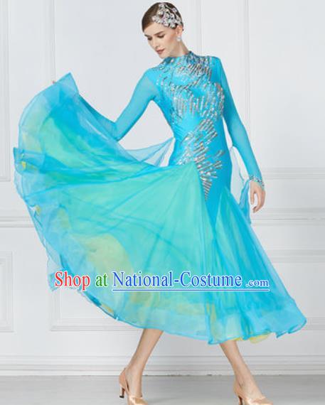 Professional Ballroom Dance Waltz Light Blue Dress International Modern Dance Competition Costume for Women