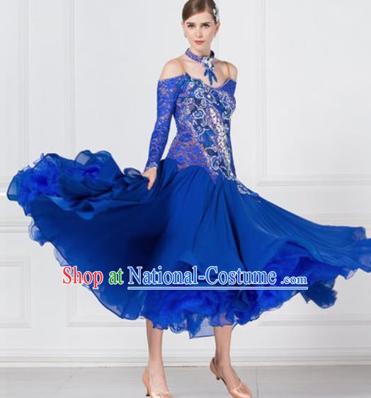 Professional Ballroom Dance Waltz Royalblue Lace Dress International Modern Dance Competition Costume for Women