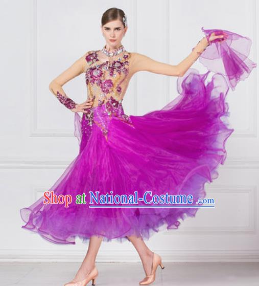 Professional Ballroom Dance Waltz Purple Dress International Modern Dance Competition Costume for Women