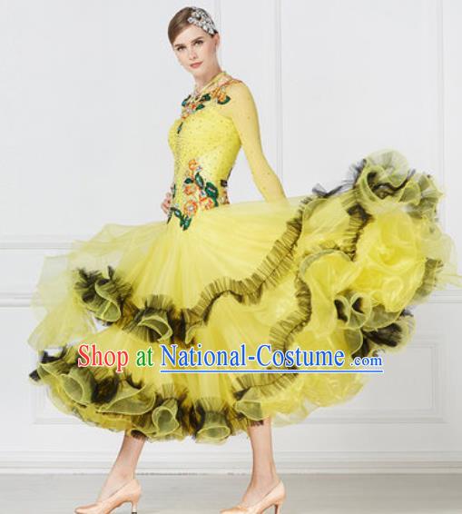 Top Grade Modern Dance Yellow Dress Ballroom Dance International Waltz Competition Costume for Women