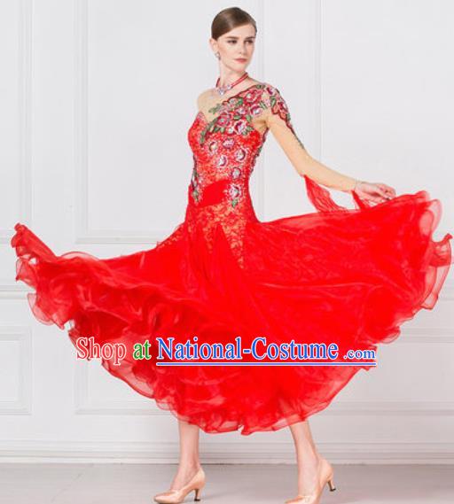 Top Grade Modern Dance Red Lace Dress Ballroom Dance International Waltz Competition Costume for Women