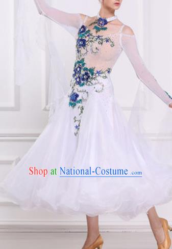 Top Waltz Competition Modern Dance Diamante White Dress Ballroom Dance International Dance Costume for Women