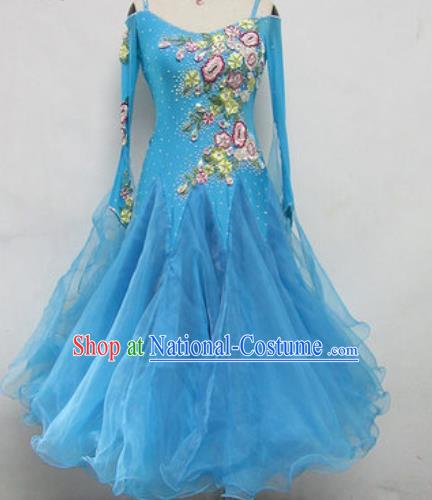 Top Waltz Competition Modern Dance Light Blue Dress Ballroom Dance International Dance Costume for Women