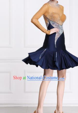 Professional Latin Dance Cha Cha Diamante Navy Dress Modern Dance International Samba Dance Competition Costume for Women