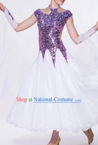 Professional Waltz Competition Modern Dance Purple Sequins Bubble Dress Ballroom Dance International Dance Costume for Women