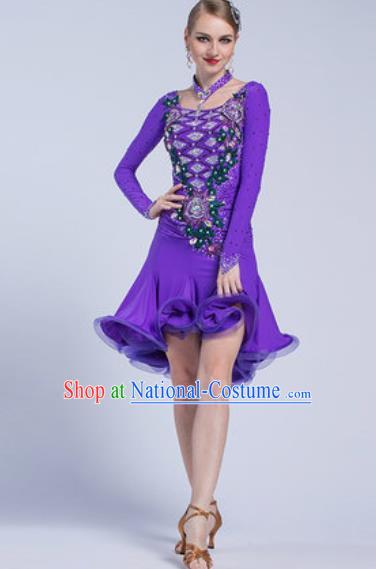 Professional Latin Dance Competition Purple Short Dress Modern Dance International Rumba Dance Costume for Women