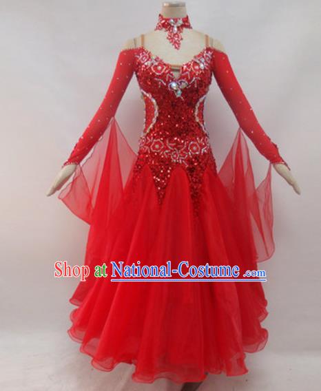 Professional Waltz Dance Red Sequins Dress Modern Dance Ballroom Dance International Dance Costume for Women