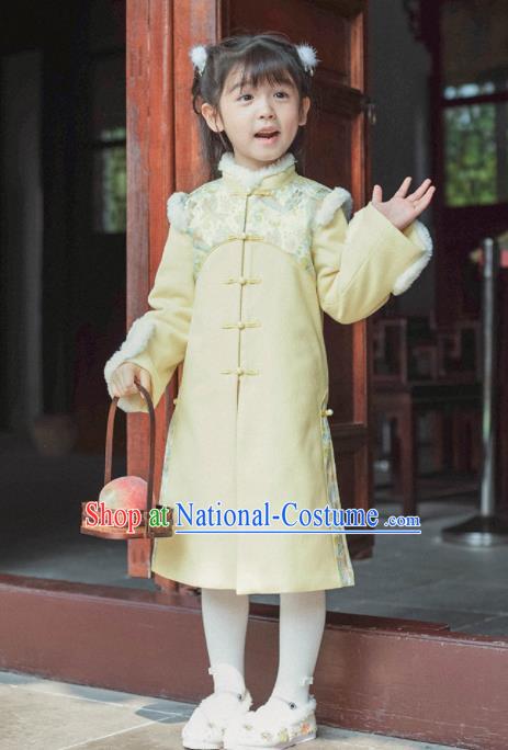 Chinese National Girls Yellow Dust Coat Costume Traditional New Year Tang Suit Outer Garment for Kids