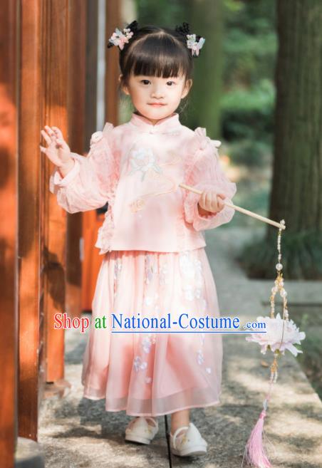 Chinese National Girls Pink Cheongsam Costume Traditional New Year Tang Suit Qipao Dress for Kids