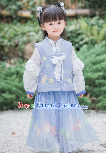 Chinese National Girls Blue Cheongsam Costume Traditional New Year Tang Suit Qipao Dress for Kids