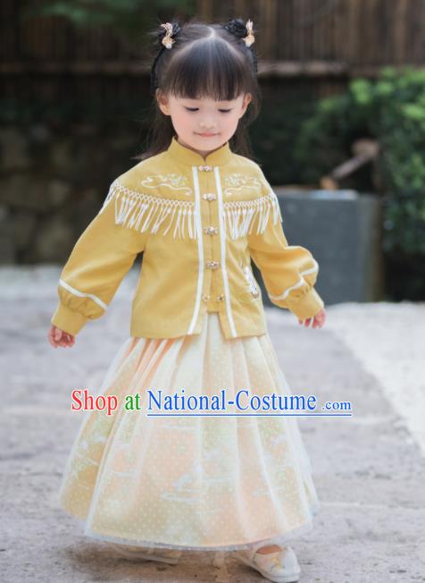 Chinese National Girls Yellow Cheongsam Costume Traditional New Year Tang Suit Qipao Dress for Kids