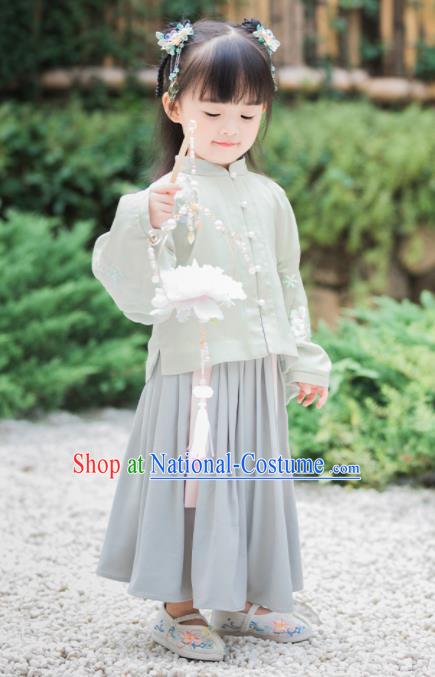 Chinese National Girls Light Green Cheongsam Blouse and Skirt Traditional New Year Tang Suit Costume for Kids