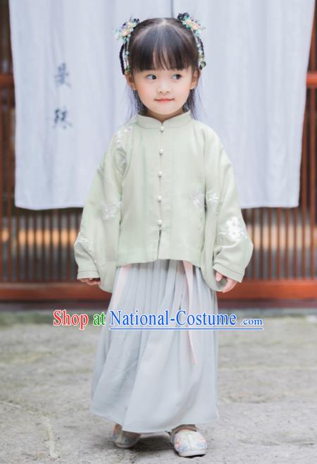 Chinese National Girls Light Green Cheongsam Blouse and Skirt Traditional New Year Tang Suit Costume for Kids