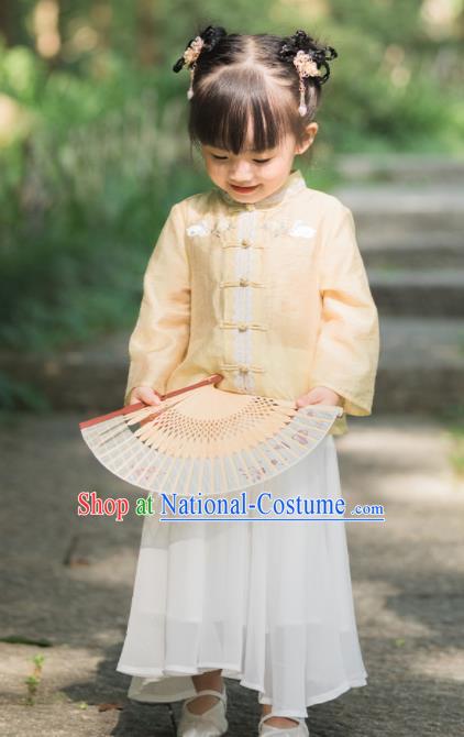 Chinese National Girls Yellow Cheongsam Blouse and White Skirt Traditional New Year Tang Suit Costume for Kids