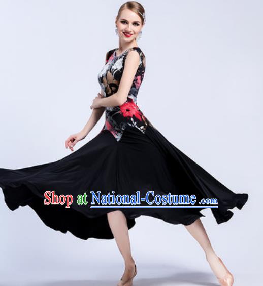 Top Grade Modern Dance Printing Black Dress Ballroom Dance International Waltz Competition Costume for Women