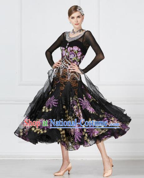 Top Grade Modern Dance Black Dress Ballroom Dance International Waltz Competition Costume for Women