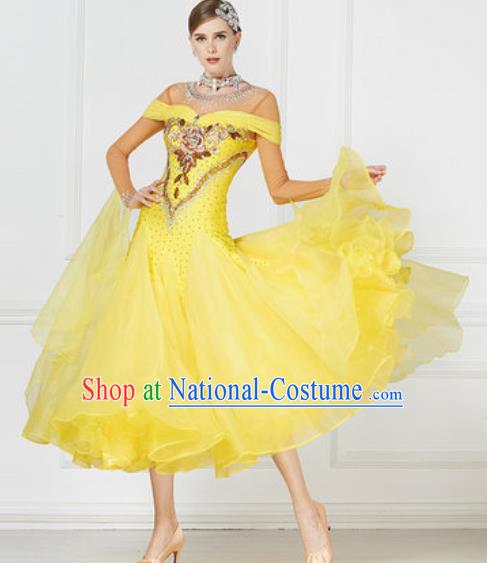 Top Grade Modern Dance Yellow Veil Dress Ballroom Dance International Waltz Competition Costume for Women