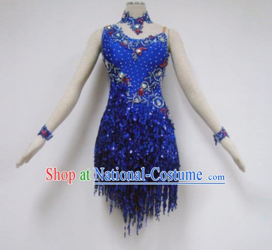 Professional Latin Dance Cha Cha Dance Royalblue Tassel Dress Modern Dance Competition Costume for Women