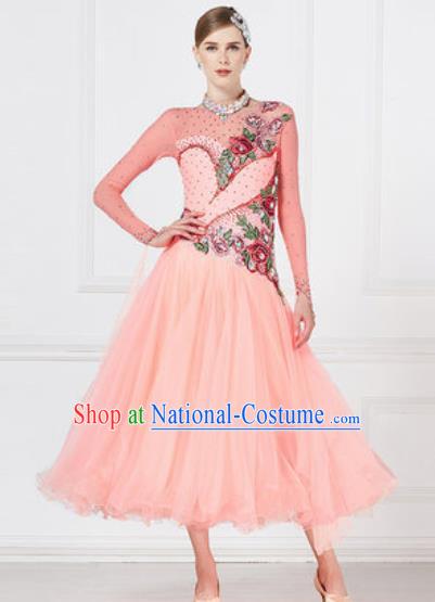 Top Grade Modern Dance Pink Veil Dress Ballroom Dance International Waltz Competition Costume for Women