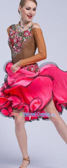 Professional Latin Dance Competition Rosy Short Dress Modern Dance International Rumba Dance Costume for Women