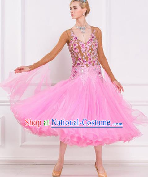 Top Grade Modern Dance Pink Veil Dress Ballroom Dance International Waltz Competition Costume for Women