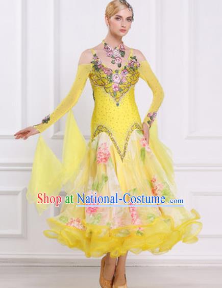 Top Grade Modern Dance Yellow Veil Dress Ballroom Dance International Waltz Competition Costume for Women