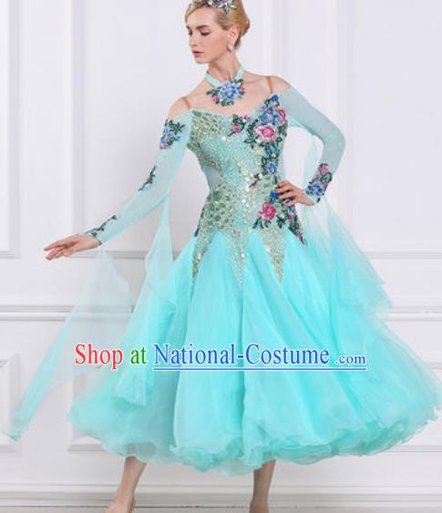 Top Grade Modern Dance Light Blue Veil Dress Ballroom Dance International Waltz Competition Costume for Women