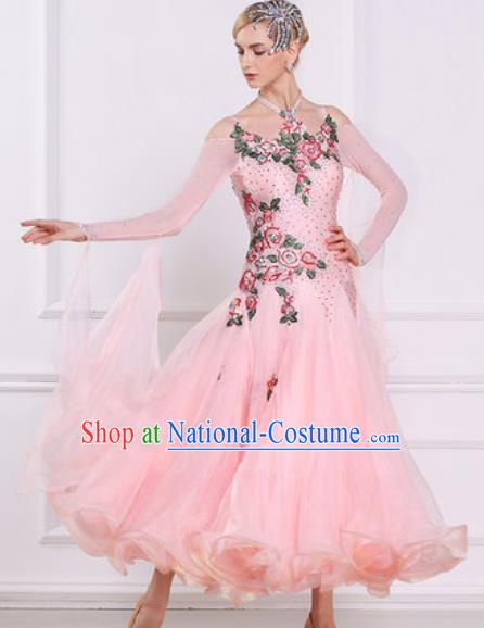 Top Grade Modern Dance Light Pink Veil Dress Ballroom Dance International Waltz Competition Costume for Women