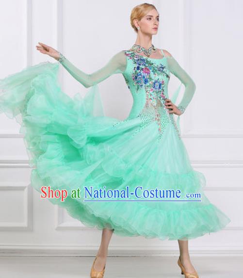 Top Grade Modern Dance Light Green Veil Dress Ballroom Dance International Waltz Competition Costume for Women