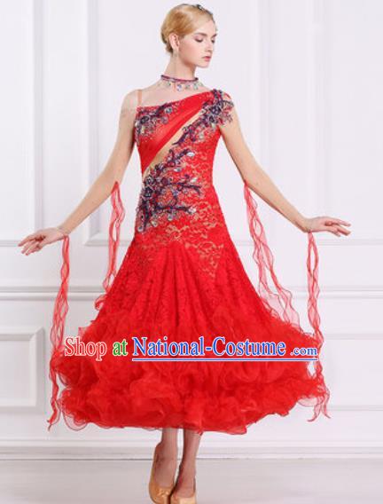 Top Grade Modern Dance Red Lace Dress Ballroom Dance International Waltz Competition Costume for Women