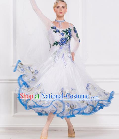 Top Grade Modern Dance Embroidered White Dress Ballroom Dance International Waltz Competition Costume for Women